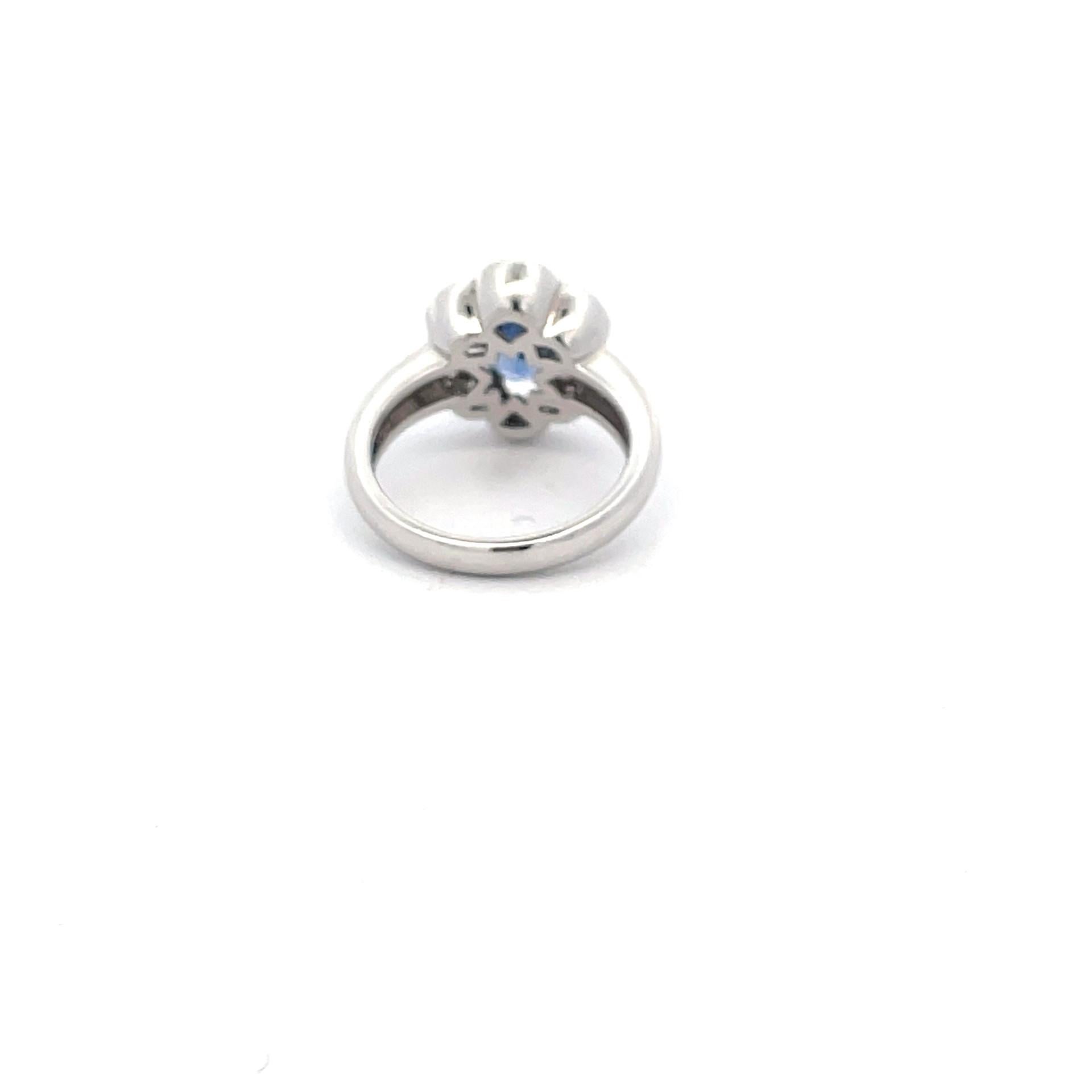 Oval Cut Natural Blue Sapphire & White Diamond Flower Solitaire Ring in 18Kt White Gold For Sale