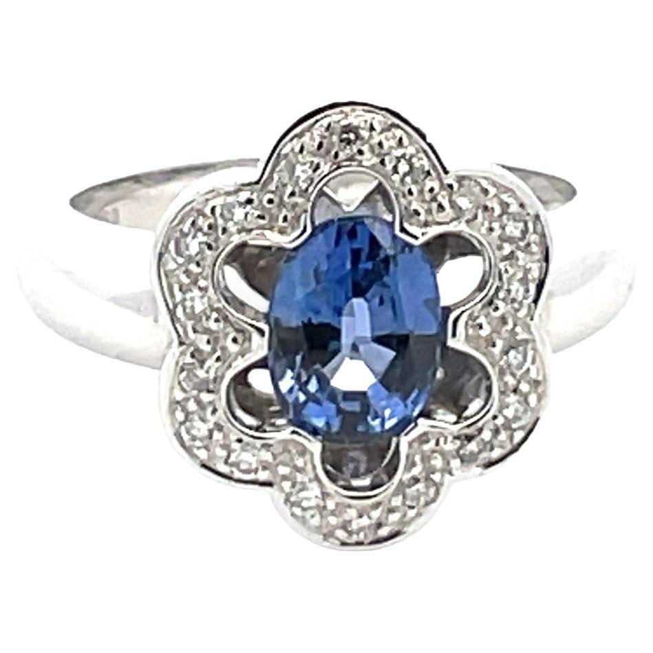 Natural Blue Sapphire & White Diamond Flower Solitaire Ring in 18Kt White Gold For Sale