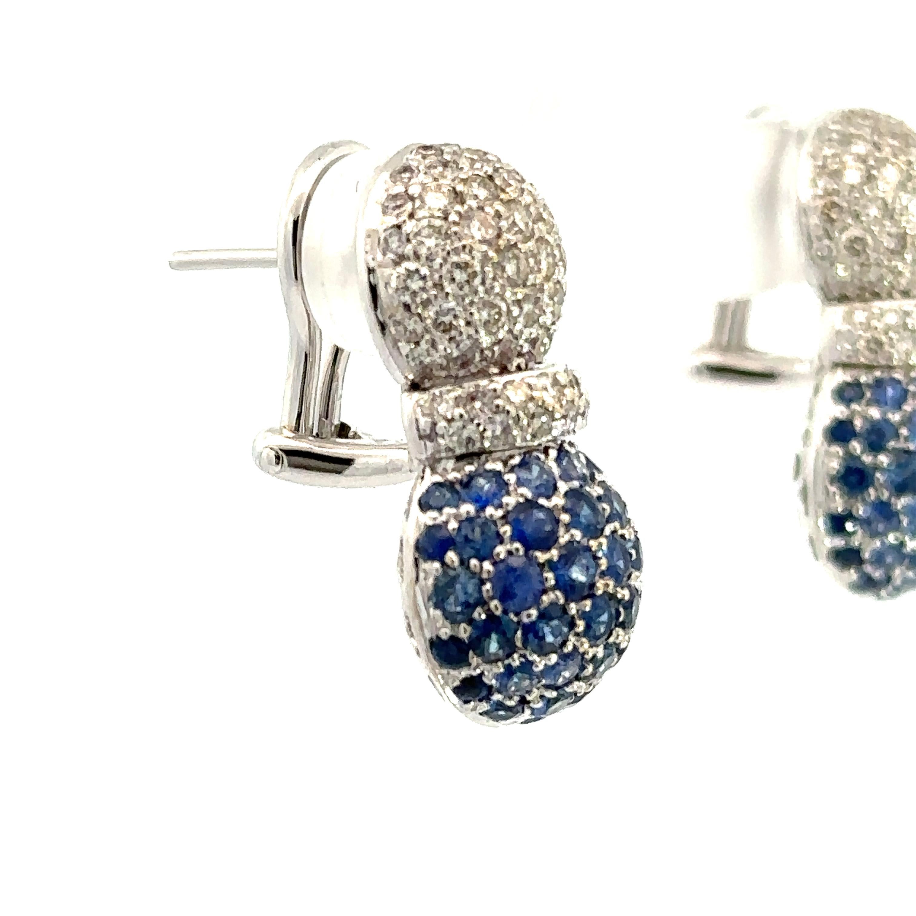 Contemporary Natural Blue Sapphire & White Diamond, Pineapple Earrings in 18 Karat White Gold For Sale
