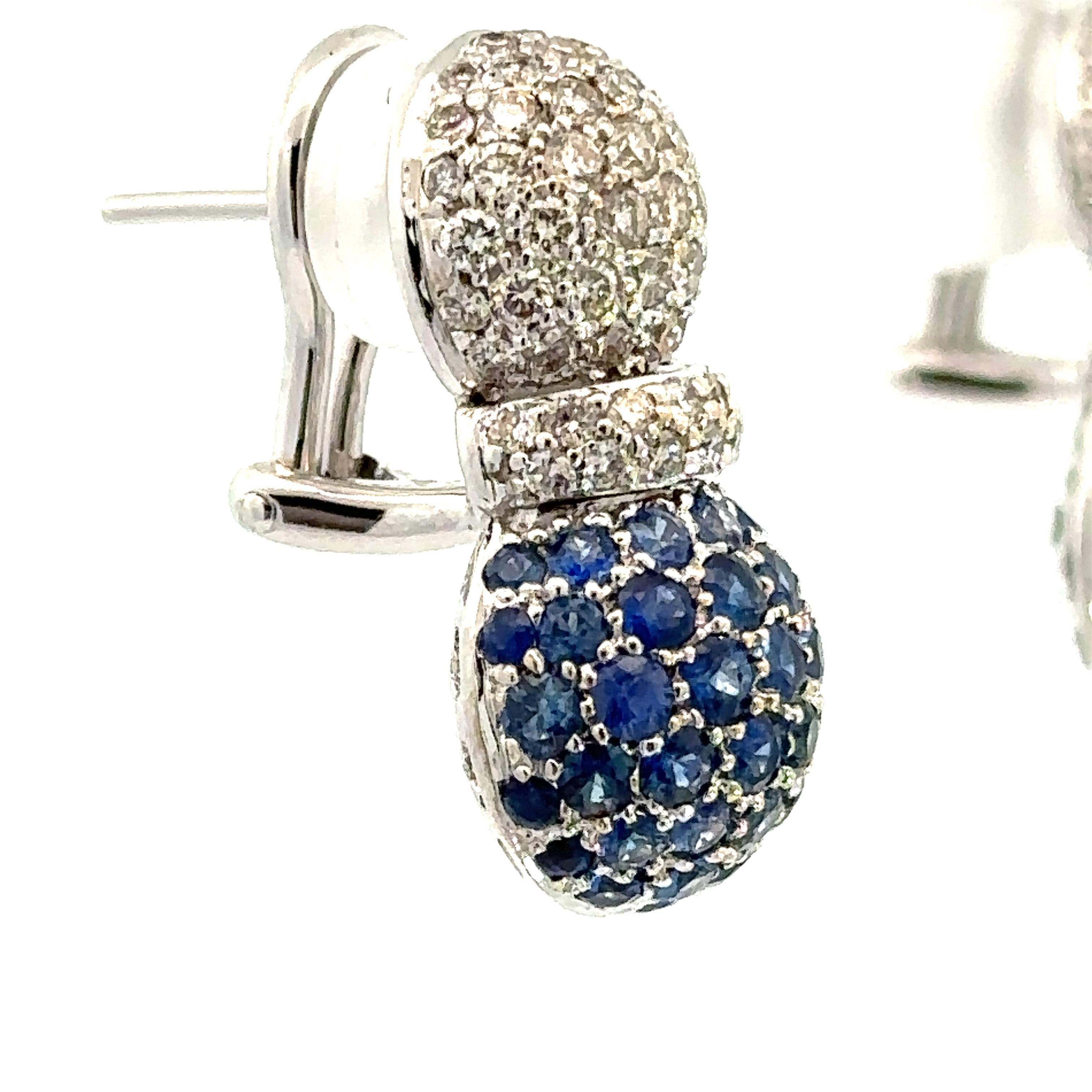 Round Cut Natural Blue Sapphire & White Diamond, Pineapple Earrings in 18 Karat White Gold For Sale