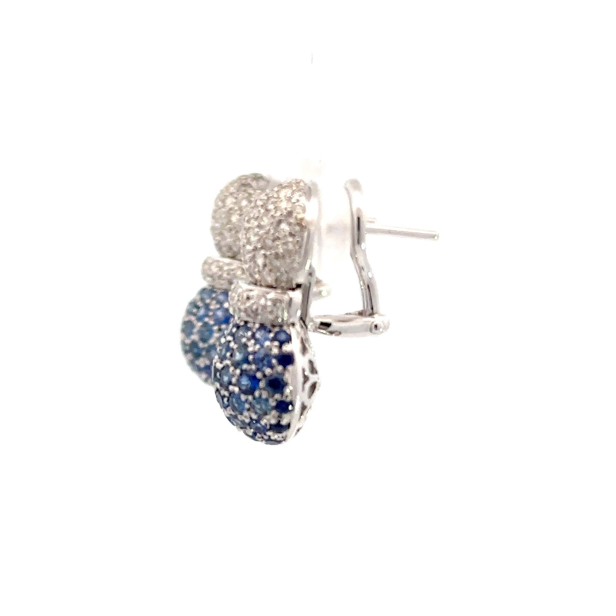 Women's Natural Blue Sapphire & White Diamond, Pineapple Earrings in 18 Karat White Gold For Sale