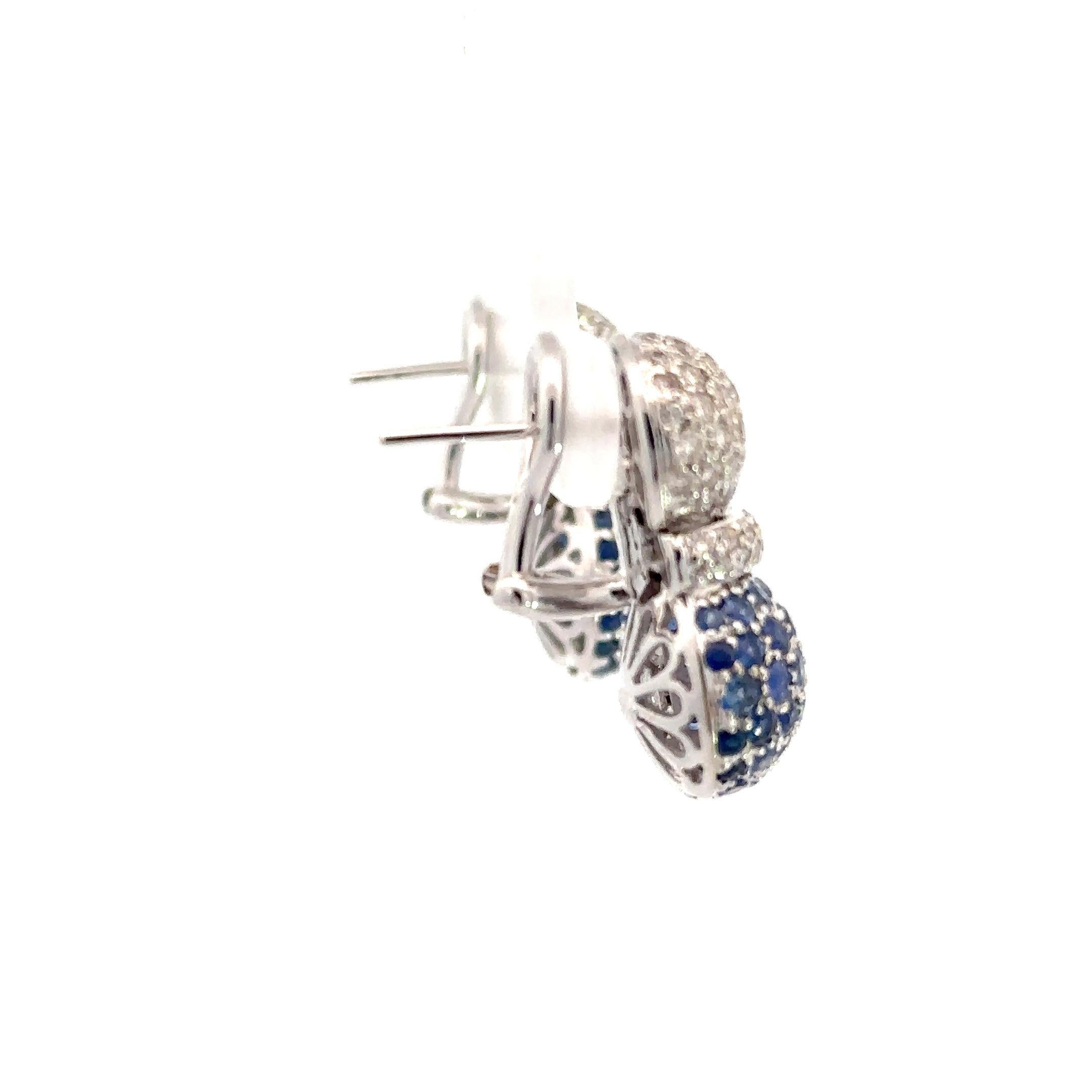 Natural Blue Sapphire & White Diamond, Pineapple Earrings in 18 Karat White Gold For Sale 1