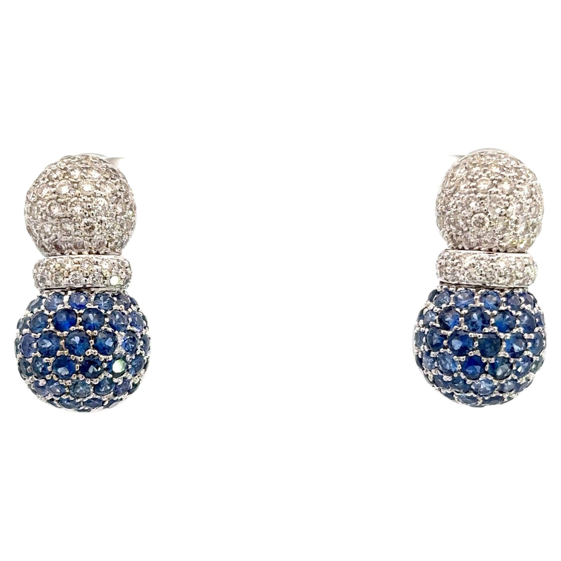 Natural Blue Sapphire & White Diamond, Pineapple Earrings in 18 Karat White Gold