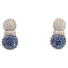 Natural Blue Sapphire & White Diamond, Pineapple Earrings in 18 Karat White Gold