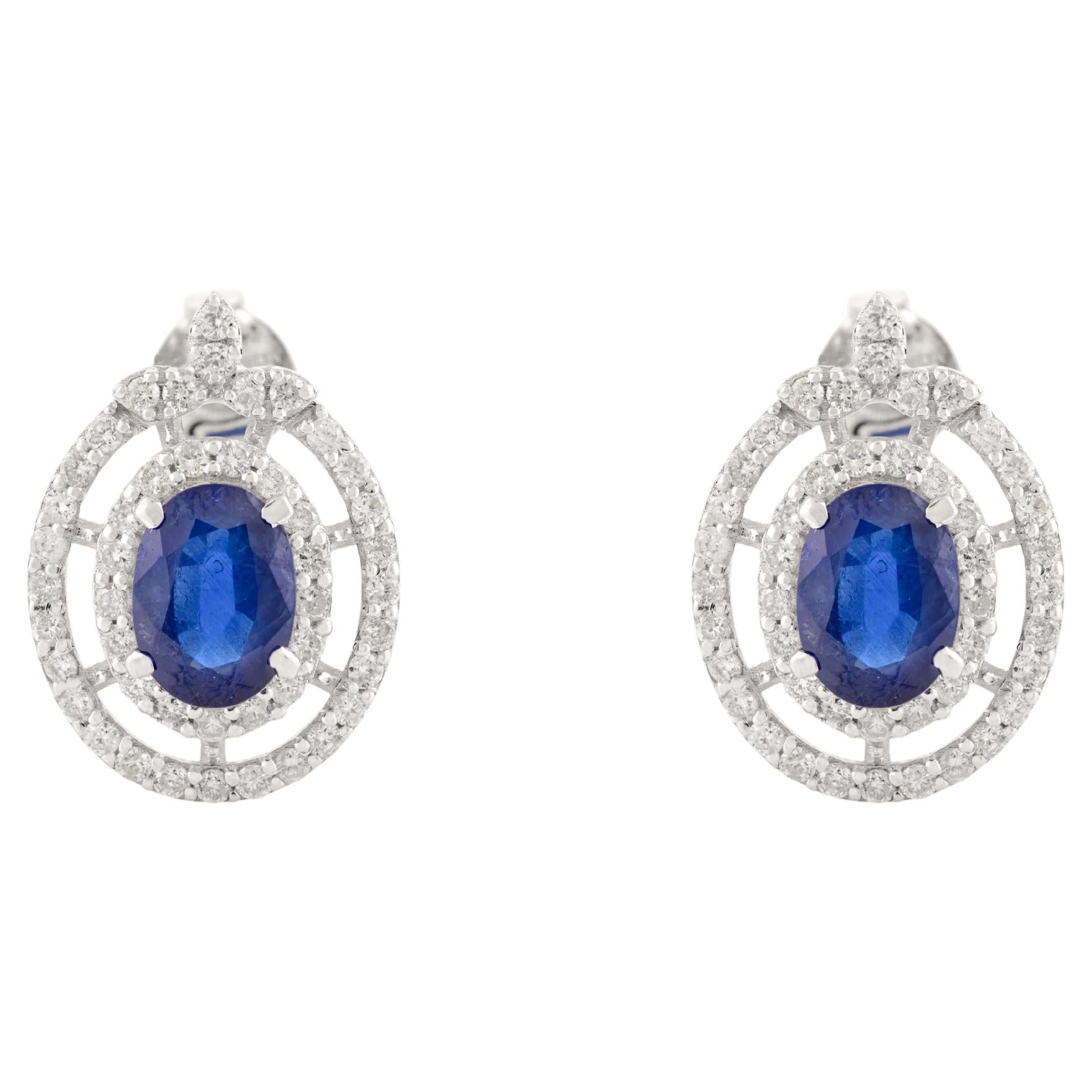 Natural Blue Sapphire with Diamond 14k Solid White Gold Art Deco Stud Earrings