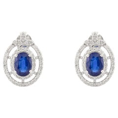 Zafiro azul natural con diamante Pendientes Art Decó de oro blanco macizo de 14k