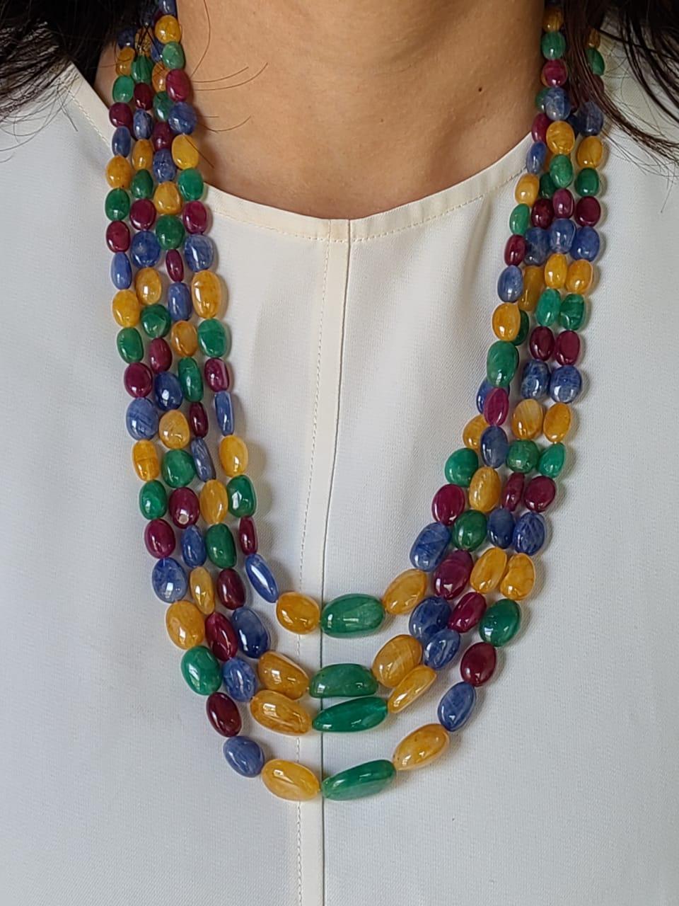Anglo-Indian Natural Blue Sapphire Emerald Ruby & Yellow Sapphire Multi-Strand Beads Necklace For Sale