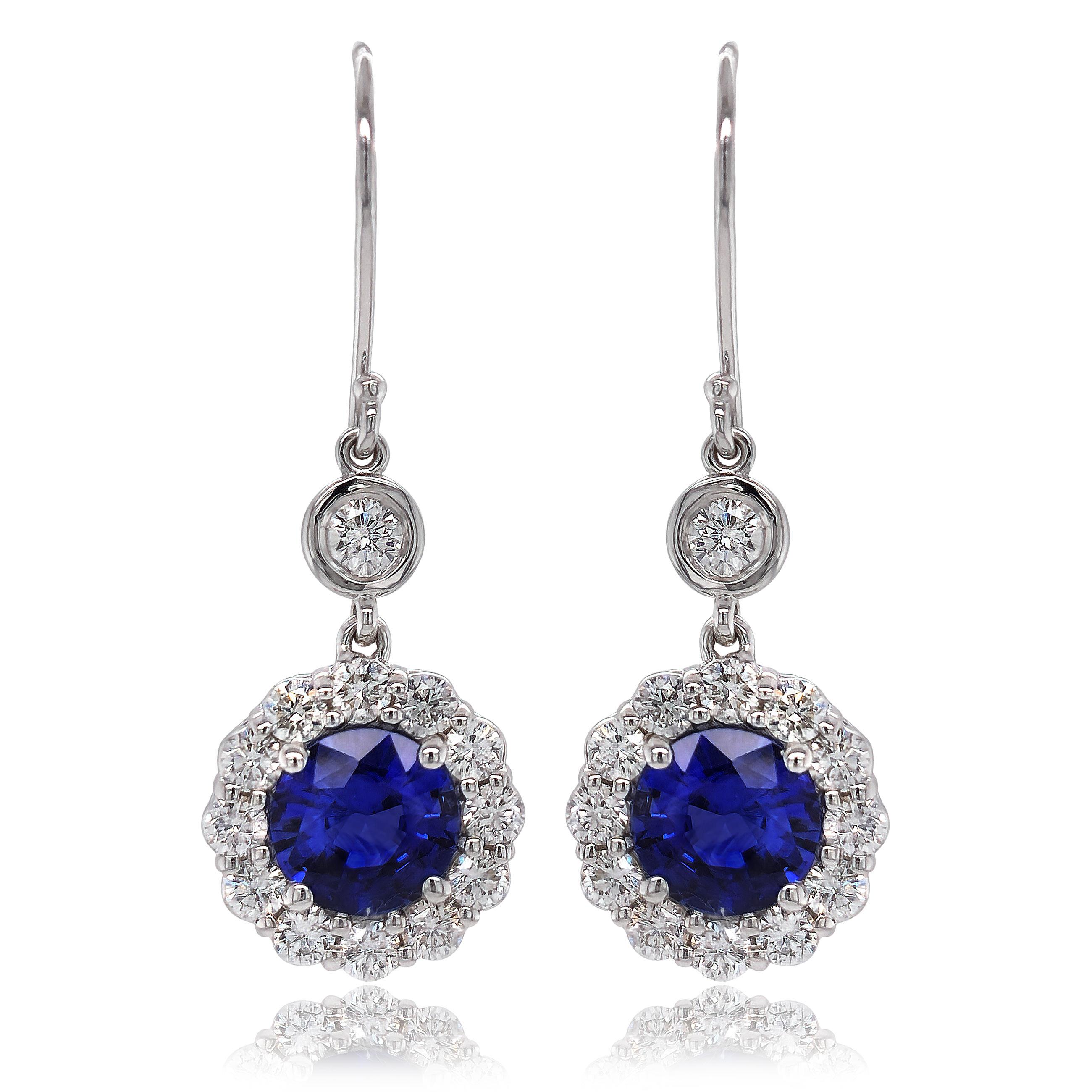 Mixed Cut Natural Blue Sapphires 2.24 Carats set in 18K White Gold Earrings with Diamonds For Sale