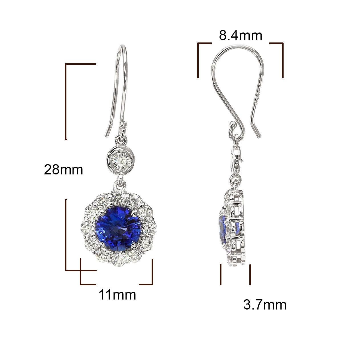 Women's Natural Blue Sapphires 2.24 Carats set in 18K White Gold Earrings with Diamonds For Sale