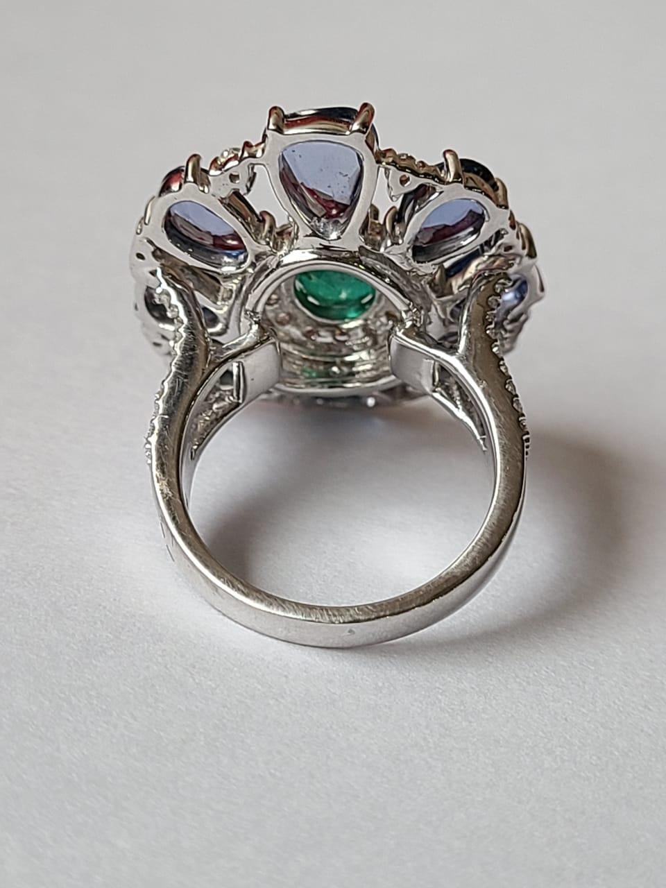 Modern Natural Blue Sapphires, Emerald & Diamonds Cocktail Ring Set in 18K White Gold