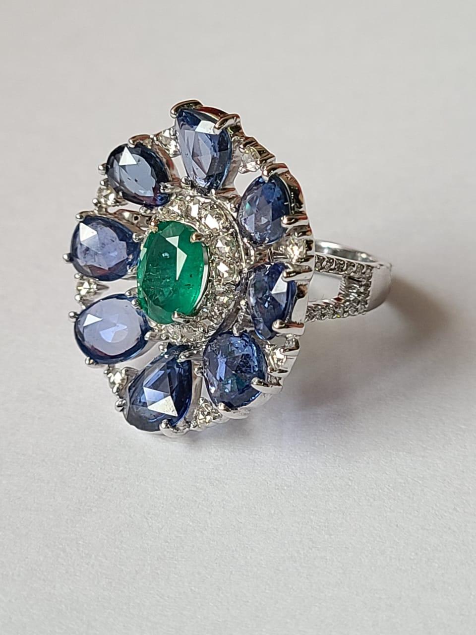 Rose Cut Natural Blue Sapphires, Emerald & Diamonds Cocktail Ring Set in 18K White Gold