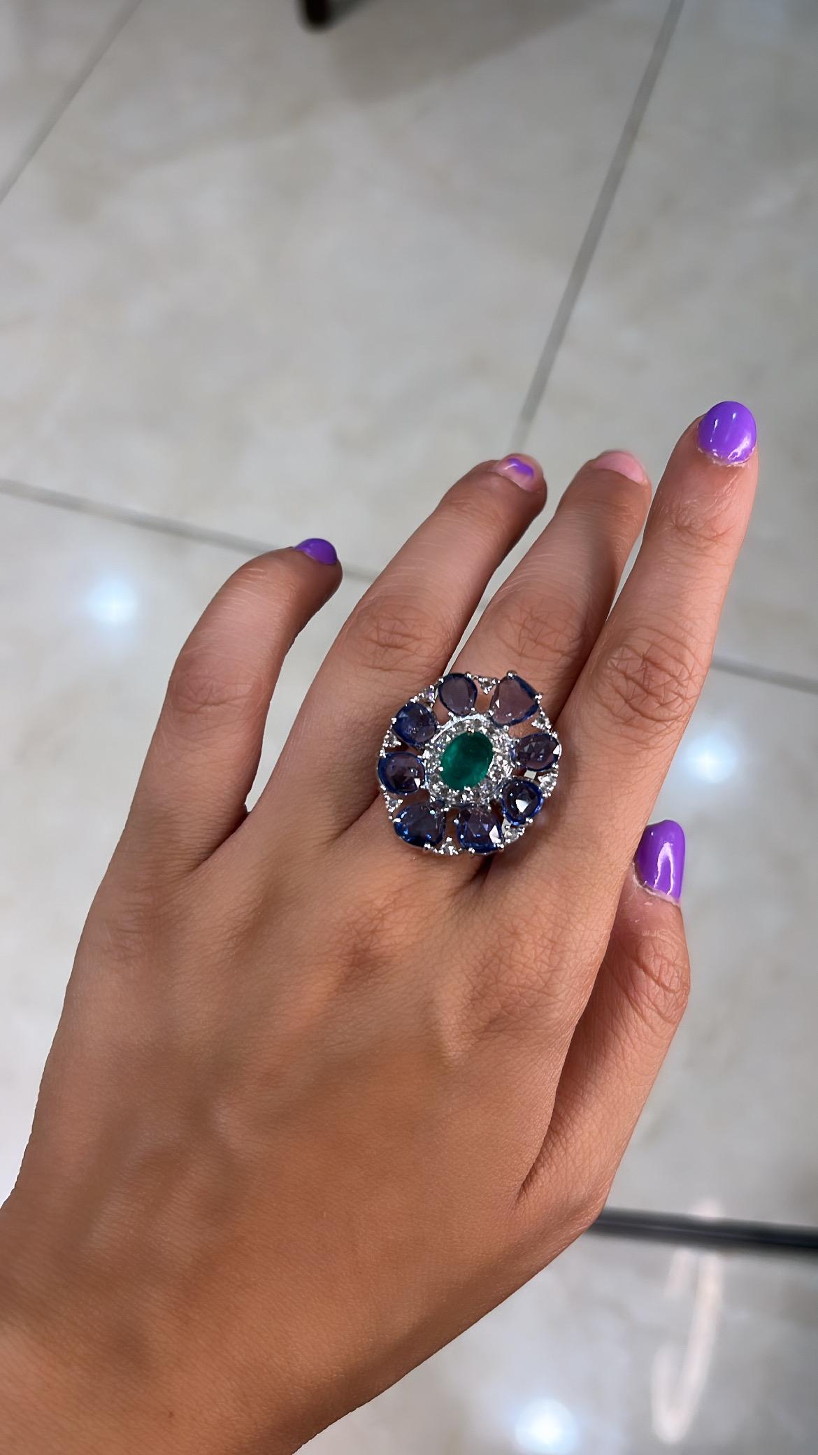 Natural Blue Sapphires, Emerald & Diamonds Cocktail Ring Set in 18K White Gold 1