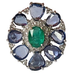 Natural Blue Sapphires, Emerald & Diamonds Cocktail Ring Set in 18K White Gold