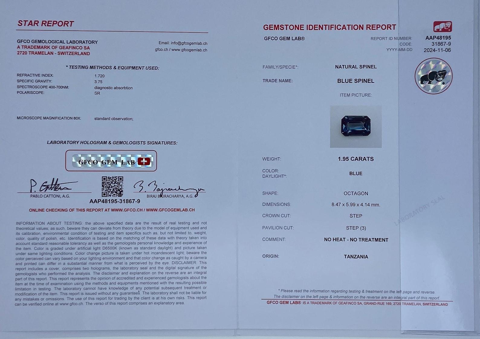 Ottagono Gemma naturale Spinello Blu 1,95 ct., taglio ottagonale, origine Tanzania. Certificato in vendita