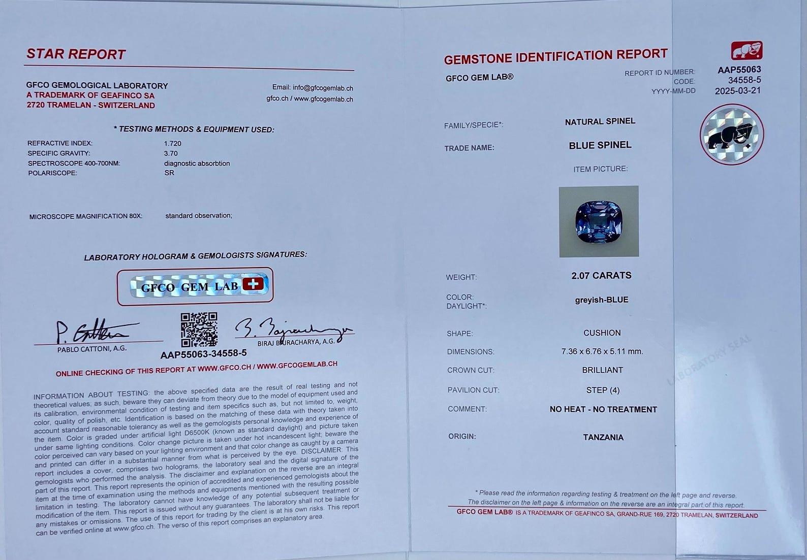 Taglio cuscino Gemma sciolta di Spinello blu Nature da 2,07 ct. Certificato, Cuscino Origine Tanzania in vendita