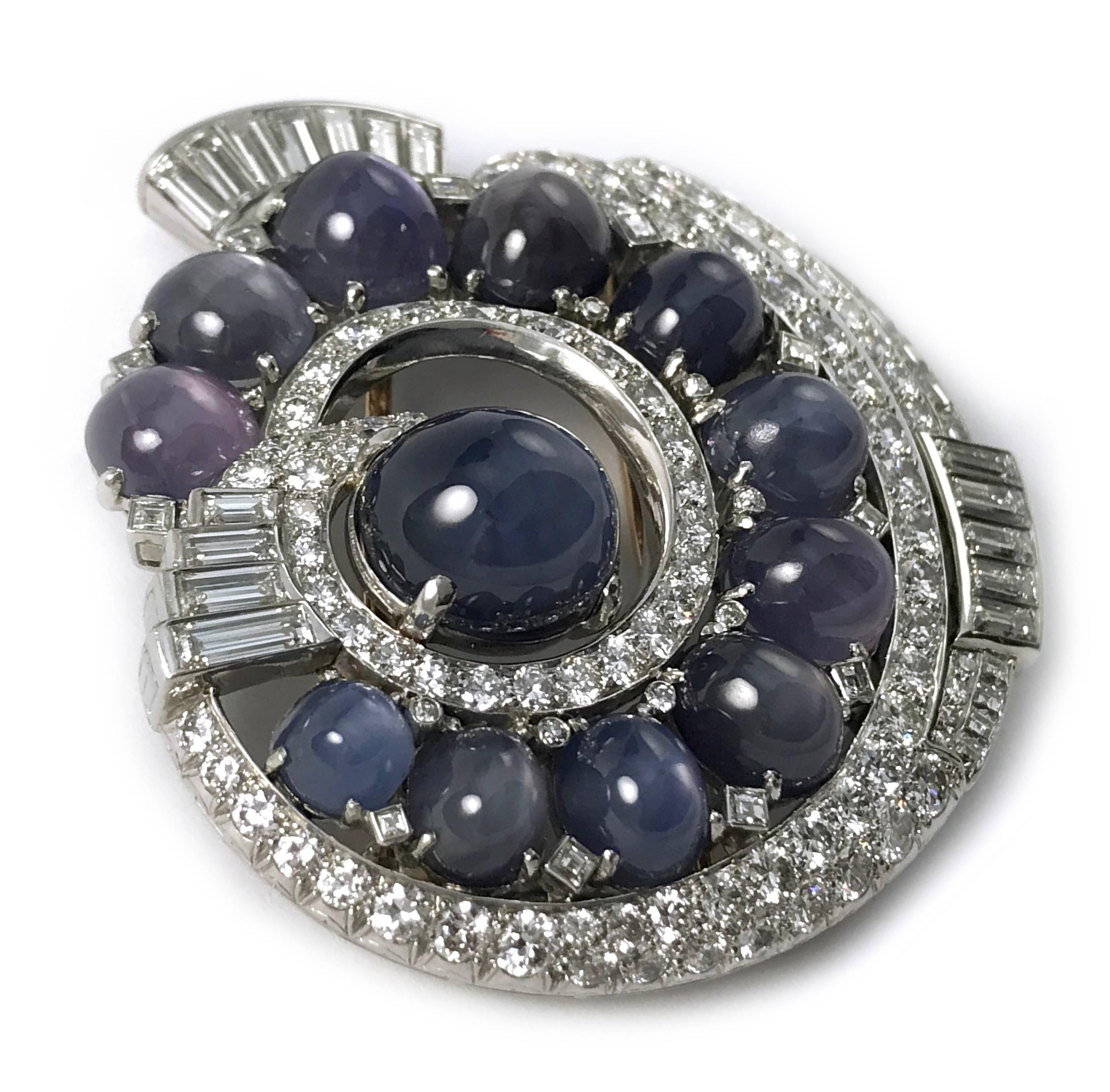 Natural Blue Star Sapphire Diamond Brooch, Diamonds 11.75 Carats In Excellent Condition In Palm Desert, CA