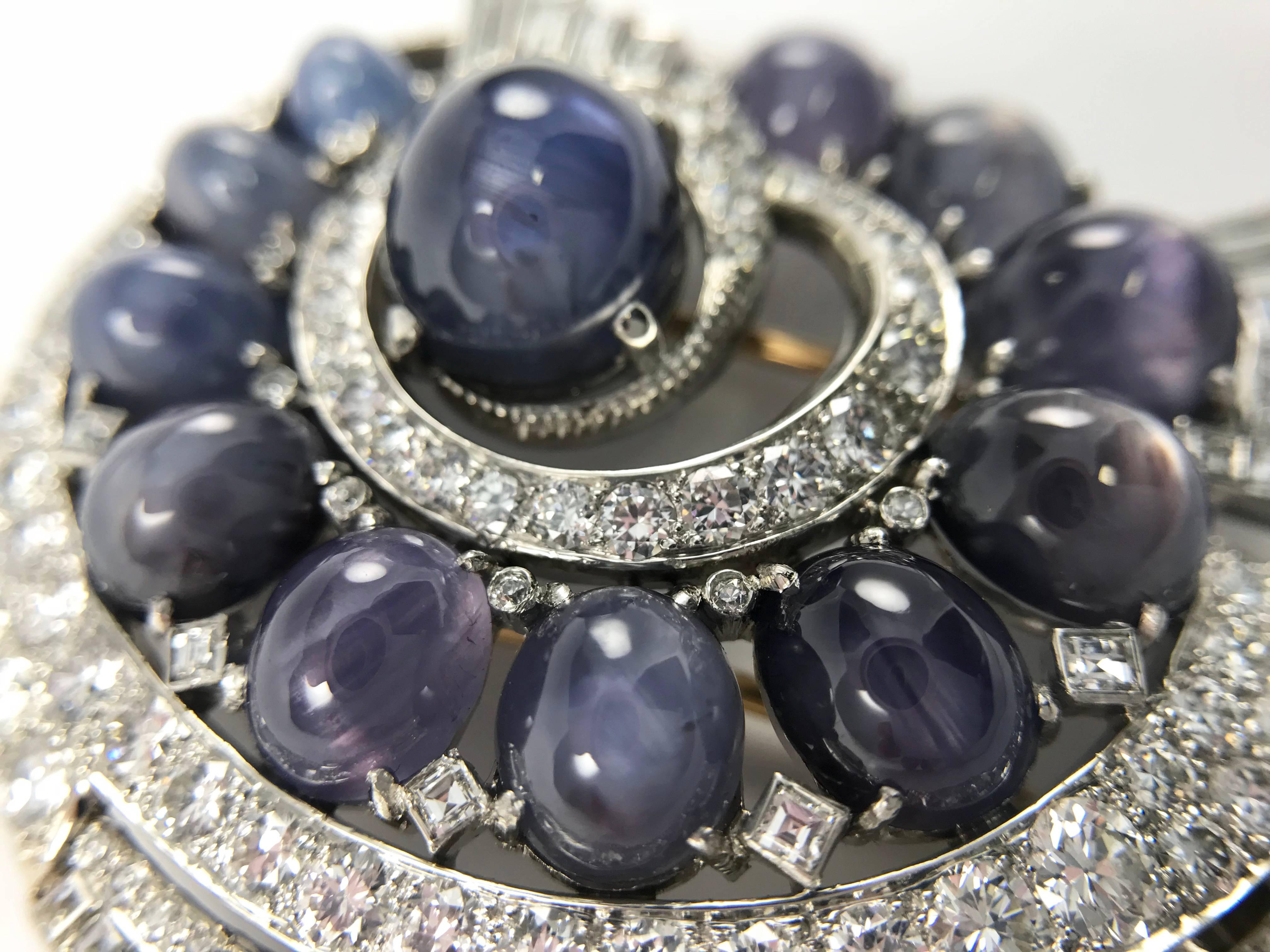 Women's or Men's Natural Blue Star Sapphire Diamond Brooch, Diamonds 11.75 Carats