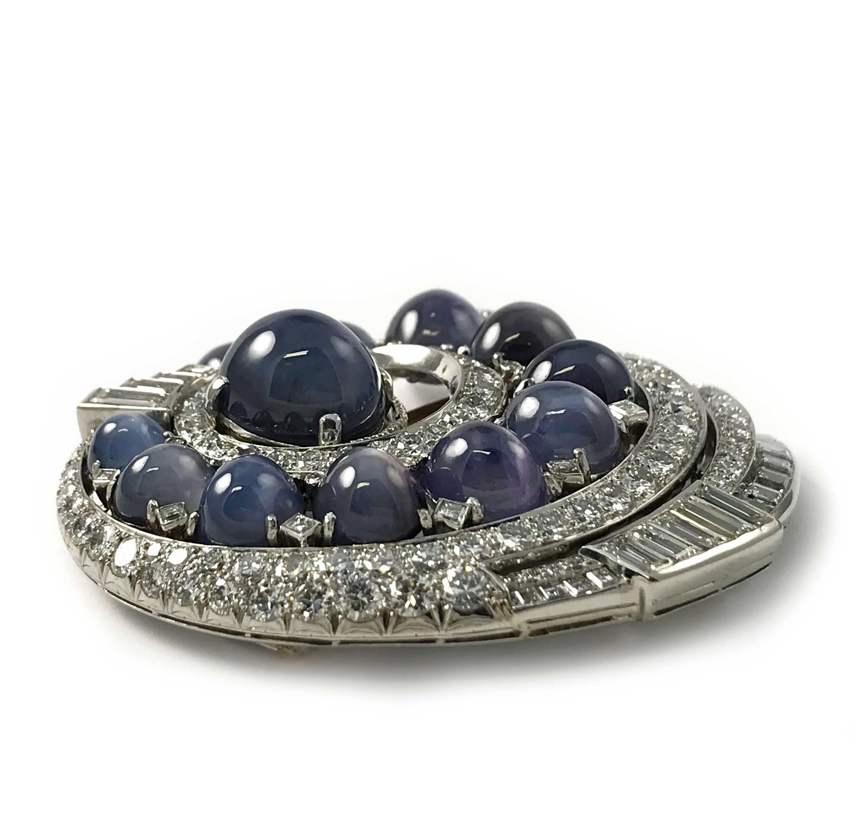 Natural Blue Star Sapphire Diamond Brooch, Diamonds 11.75 Carats 1