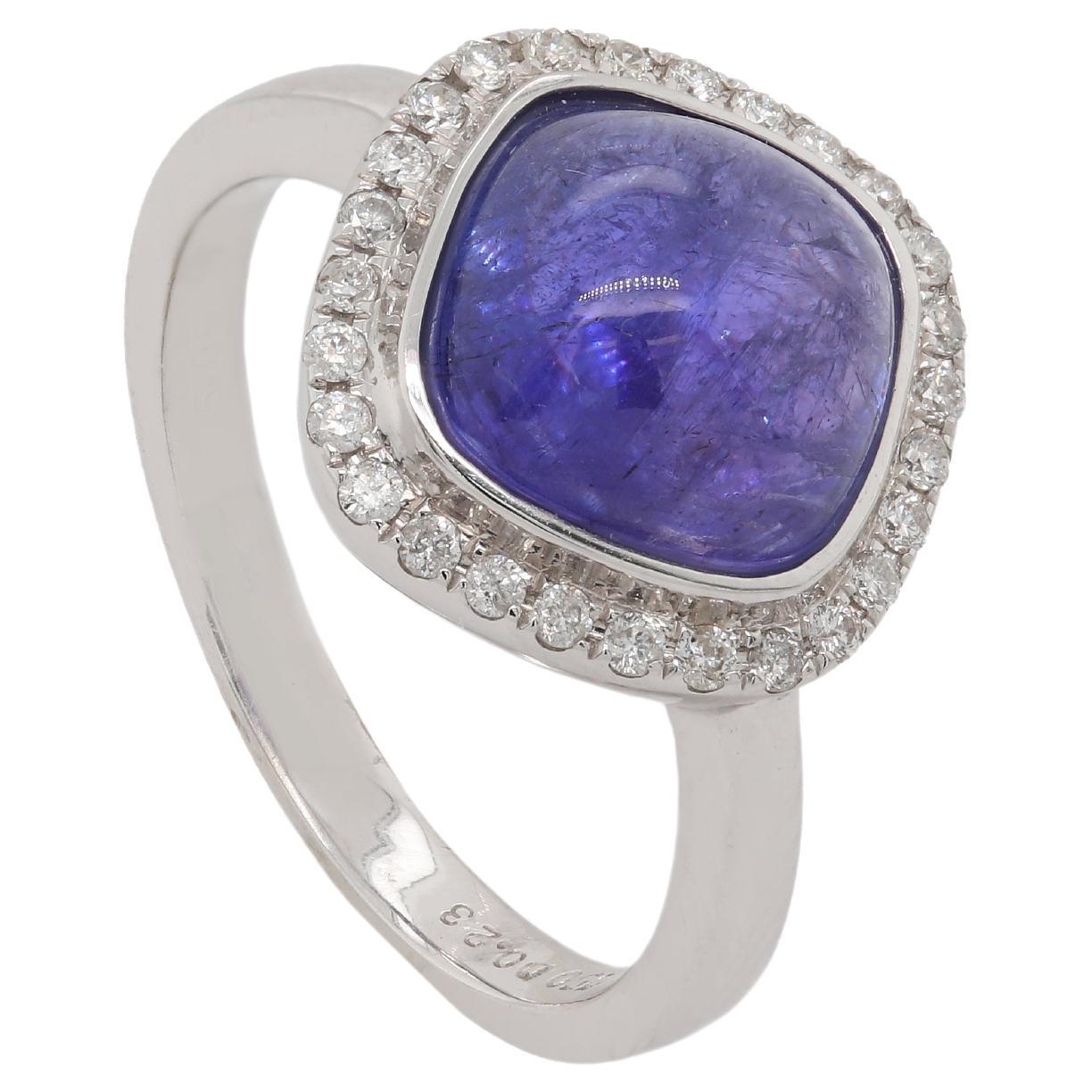Natural Blue Tanzanite and Diamond Ring 18K White Gold
