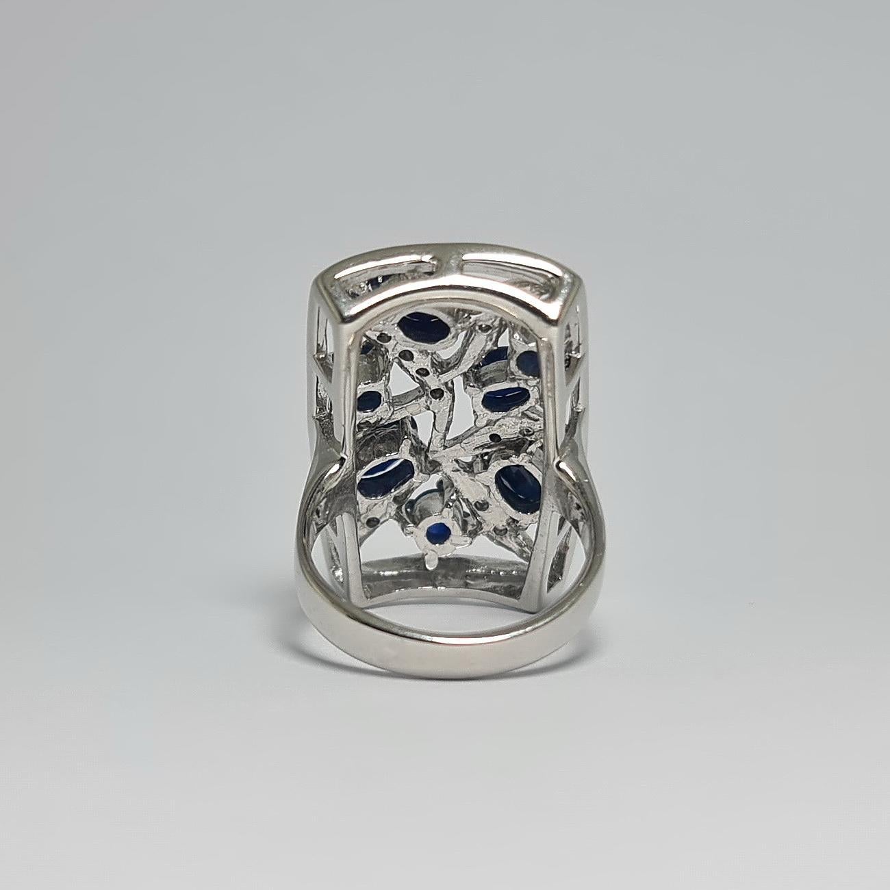 Baroque 4+Ct Natural Blue Sapphire Art Deco .925 Sterling Silver  Rhodium Plated Ring For Sale