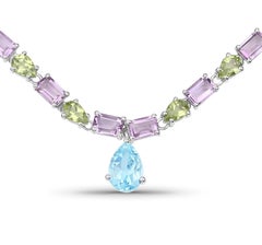 Natural Blue Topaz Amethyst and Peridot Eternity Necklace 32 Carats Silver