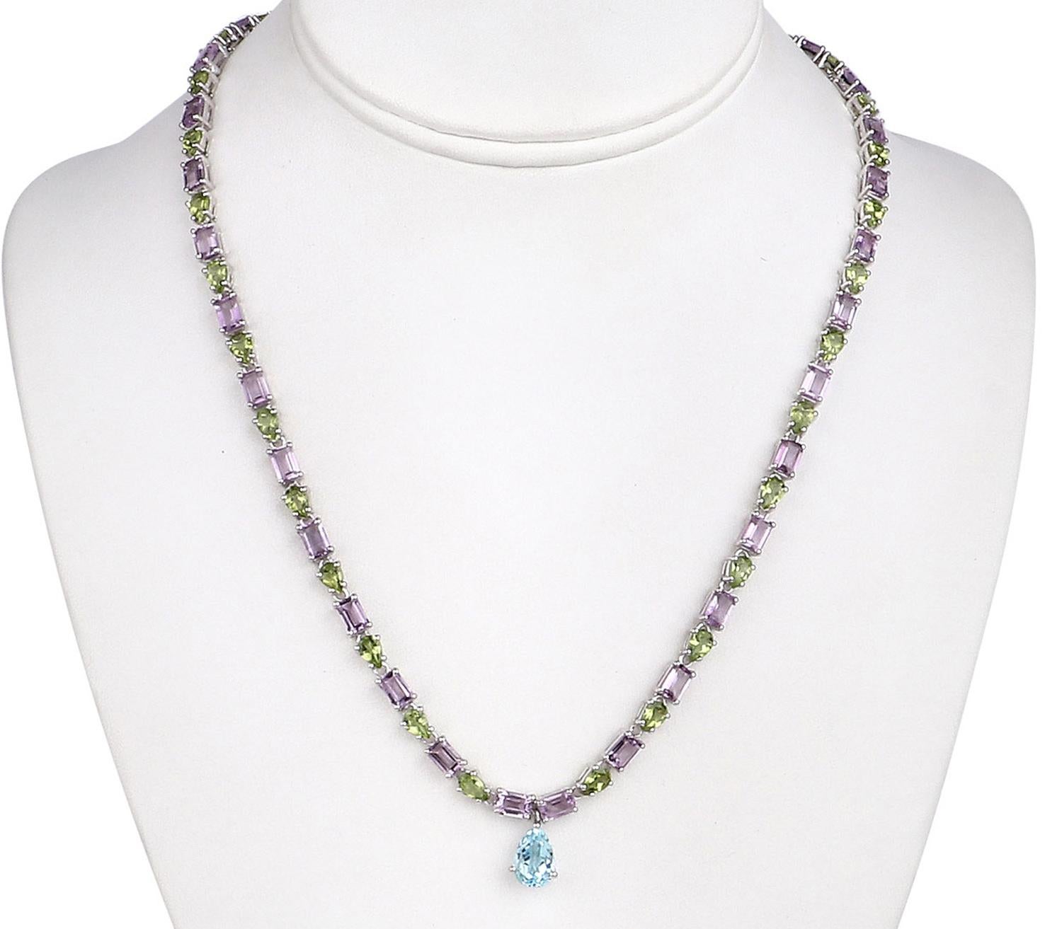 Contemporary Natural Blue Topaz Amethyst and Peridot Eternity Necklace 32 Carats Silver For Sale
