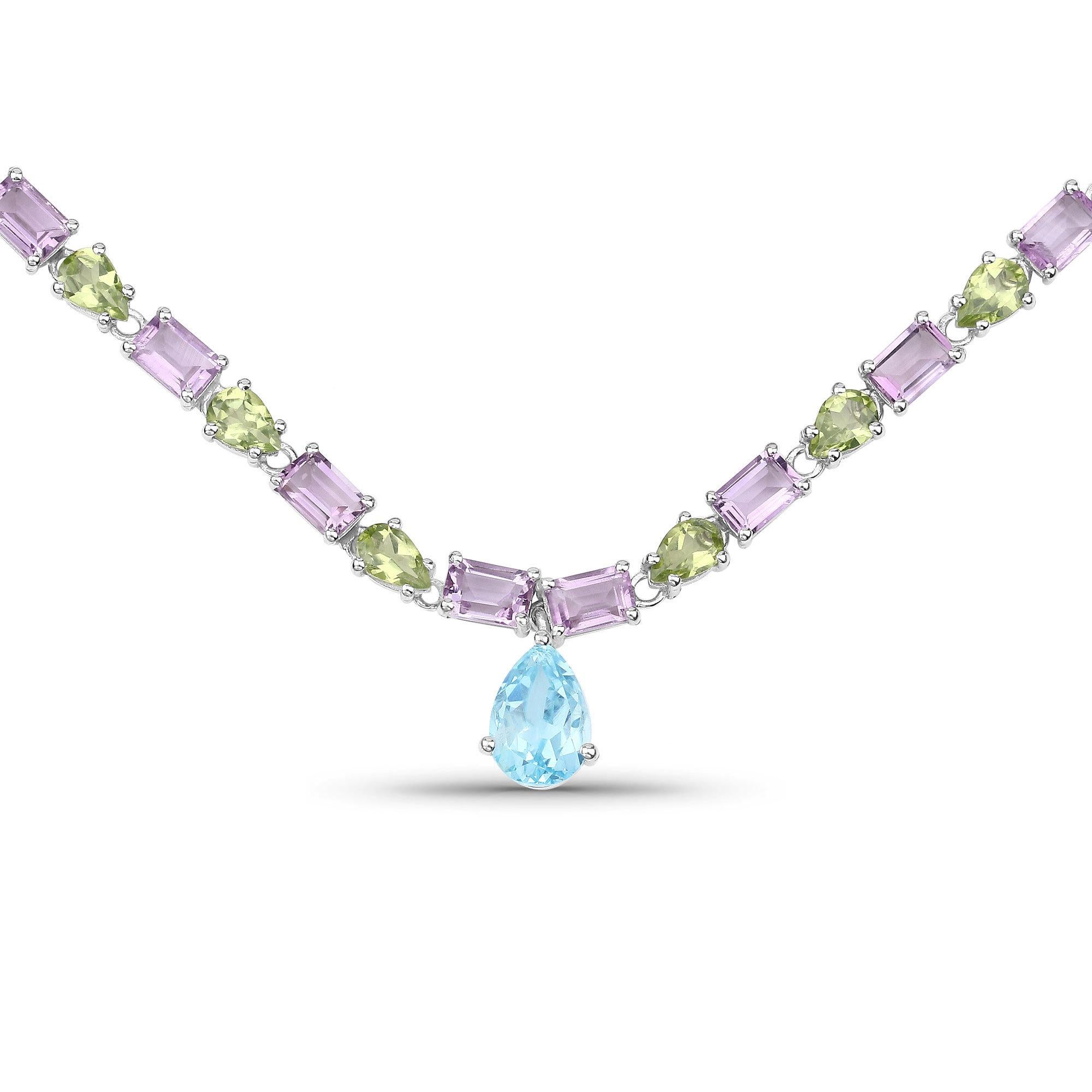 Pear Cut Natural Blue Topaz Amethyst and Peridot Eternity Necklace 32 Carats Silver For Sale