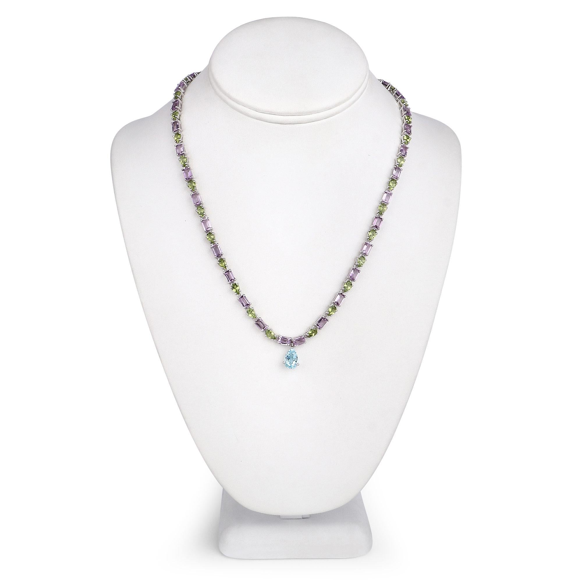 Natural Blue Topaz Amethyst and Peridot Eternity Necklace 32 Carats Silver In Excellent Condition For Sale In Laguna Niguel, CA