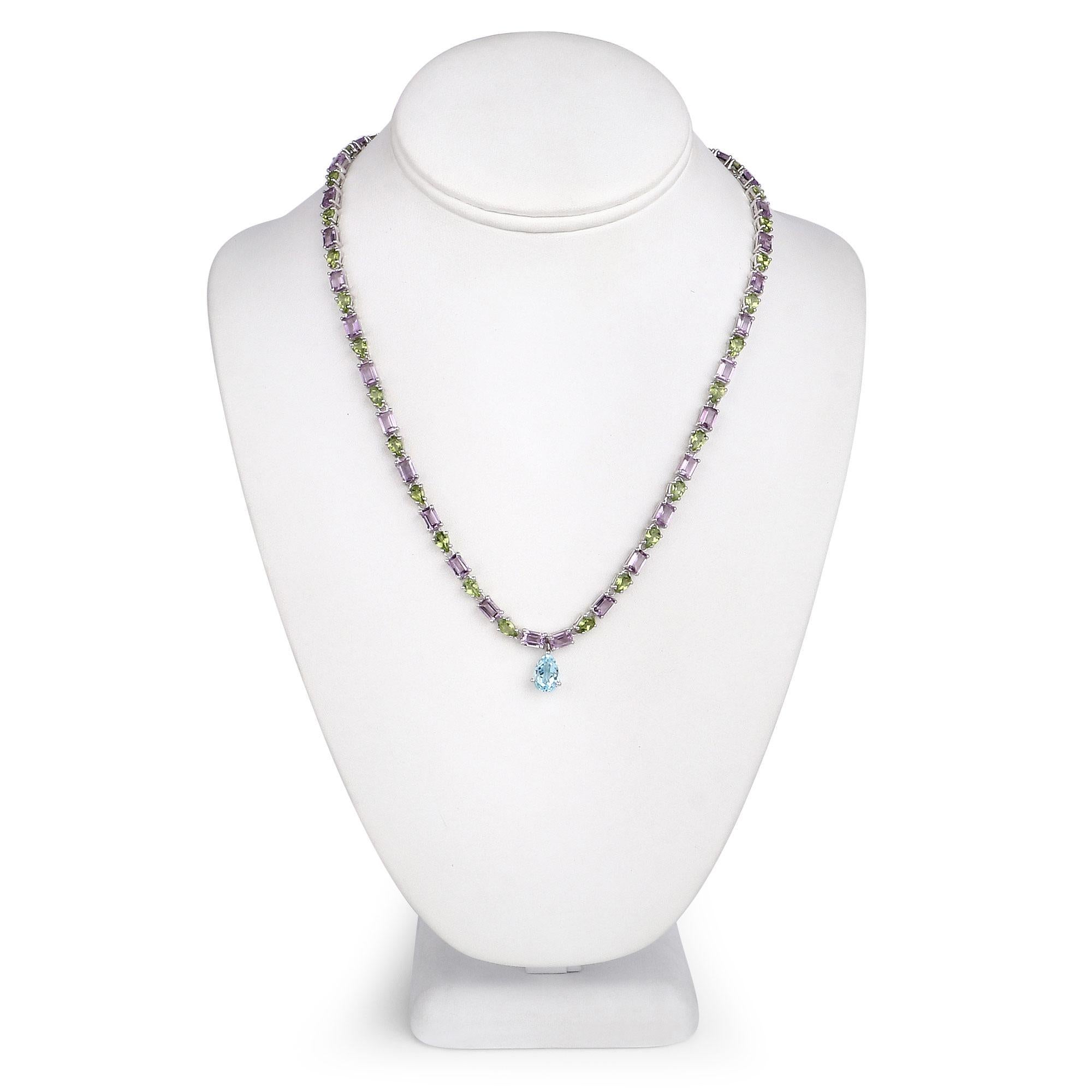 Natural Blue Topaz Amethyst and Peridot Eternity Necklace 32 Carats Silver In Excellent Condition For Sale In Aliso Viejo, CA