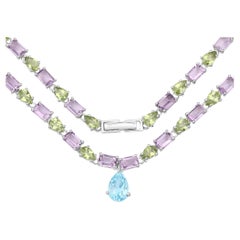 Collar Eternidad Topacio Azul Natural Amatista y Peridoto Plata 32 Quilates