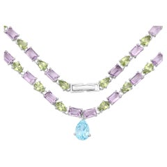 Eternity-Halskette aus 32 Karat Silber mit natürlichem blauem Topas, Amethyst und Peridot