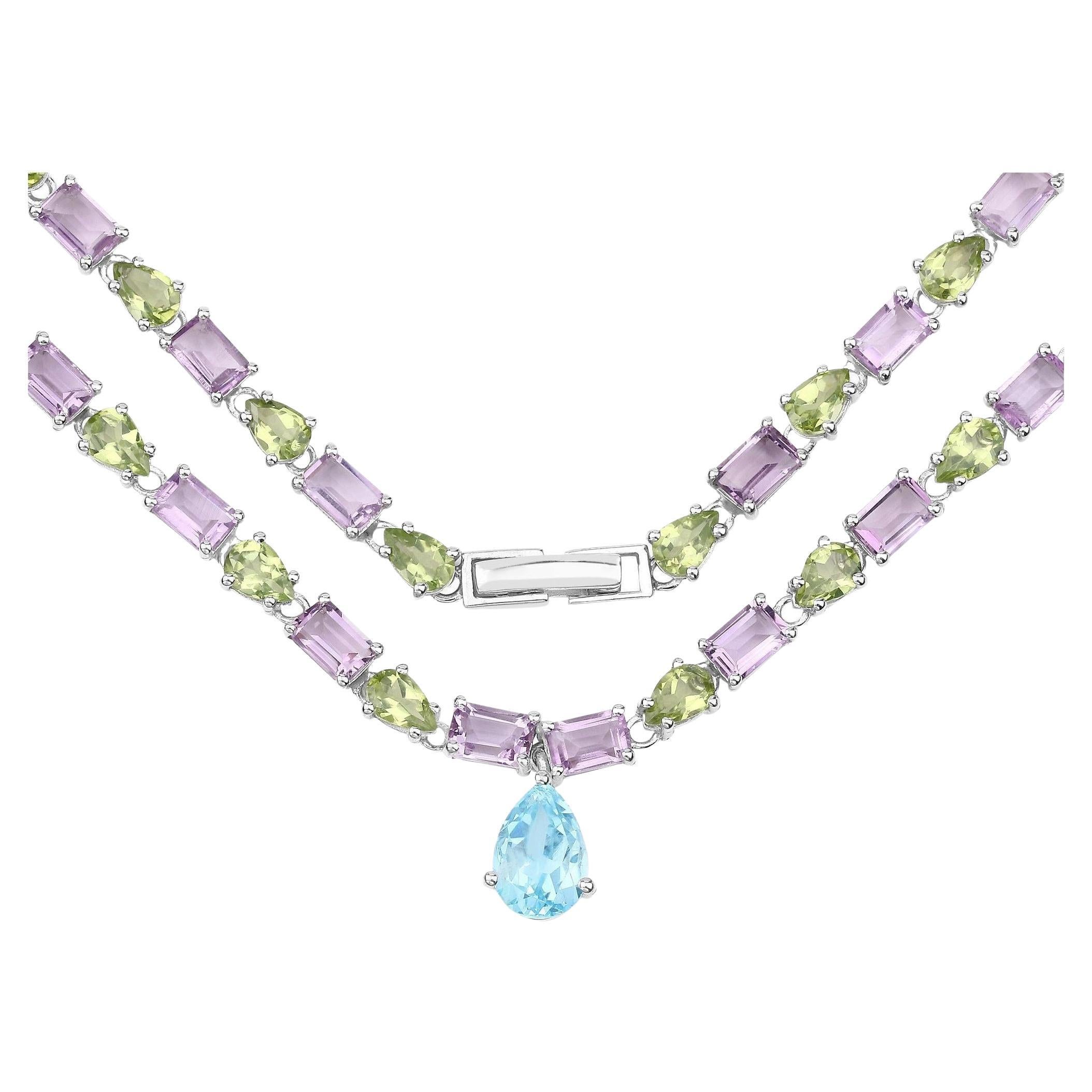 Collar Eternidad Topacio Azul Natural Amatista y Peridoto Plata 32 Quilates