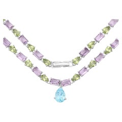 Natural Blue Topaz Amethyst and Peridot Eternity Necklace 32 Carats Silver