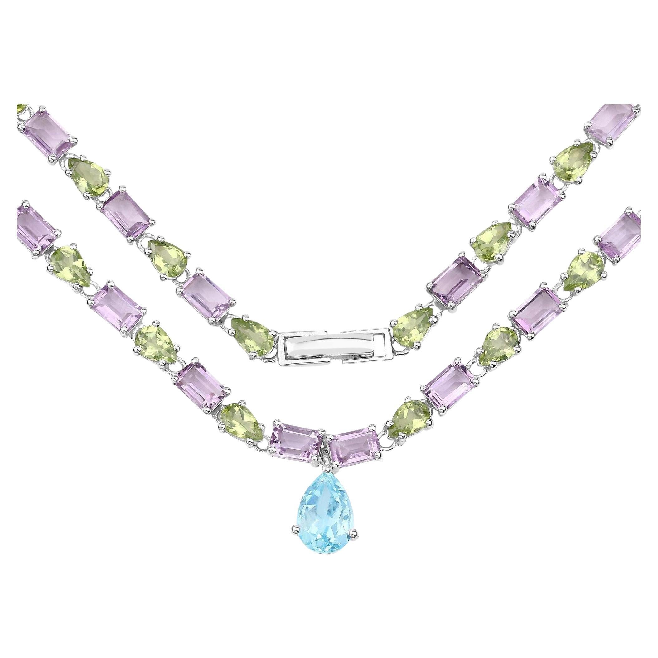 Natural Blue Topaz Amethyst and Peridot Eternity Necklace 32 Carats Silver