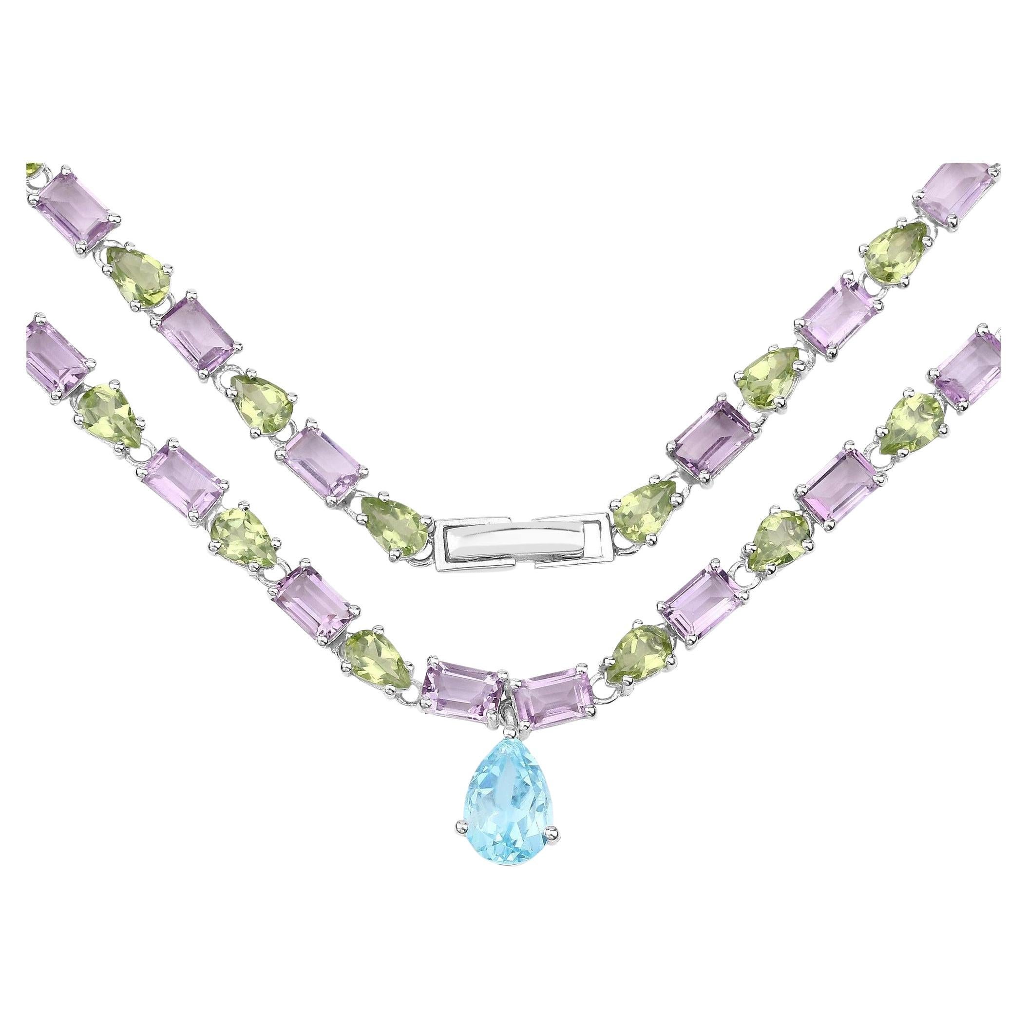 Collar Eternidad Topacio Azul Natural Amatista y Peridoto Plata 32 Quilates