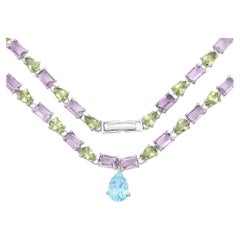 Collar Eternidad Topacio Azul Natural Amatista y Peridoto Plata 32 Quilates