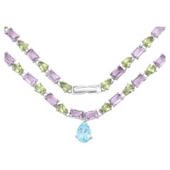 Natural Blue Topaz Amethyst and Peridot Eternity Necklace 32 Carats Silver