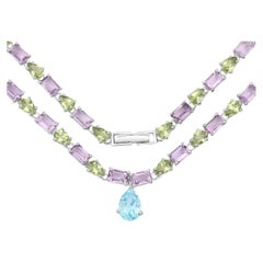 Collar Eternidad Topacio Azul Natural Amatista y Peridoto Plata 32 Quilates