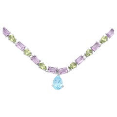 Natural Blue Topaz Amethyst and Peridot Eternity Necklace 32 Carats Silver