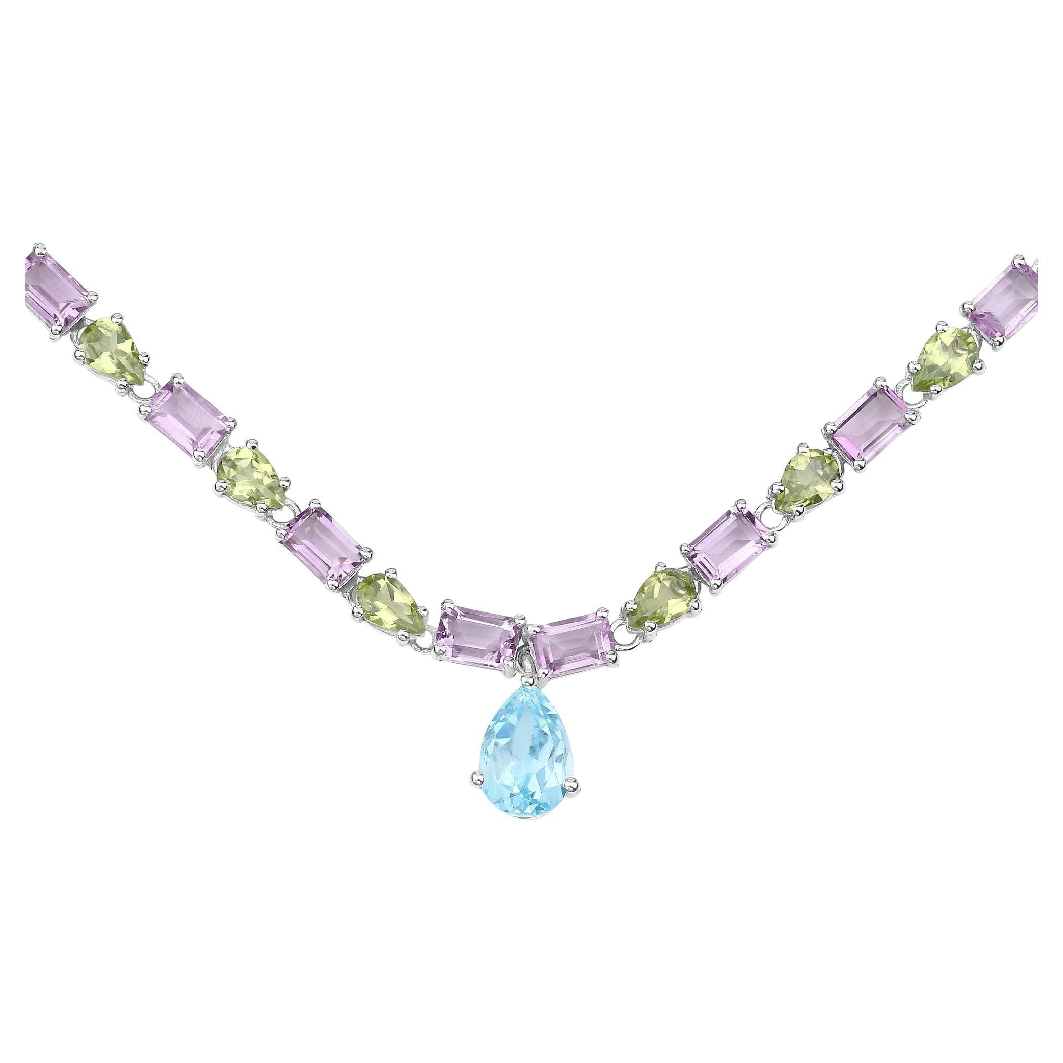 Natural Blue Topaz Amethyst and Peridot Eternity Necklace 32 Carats Silver For Sale