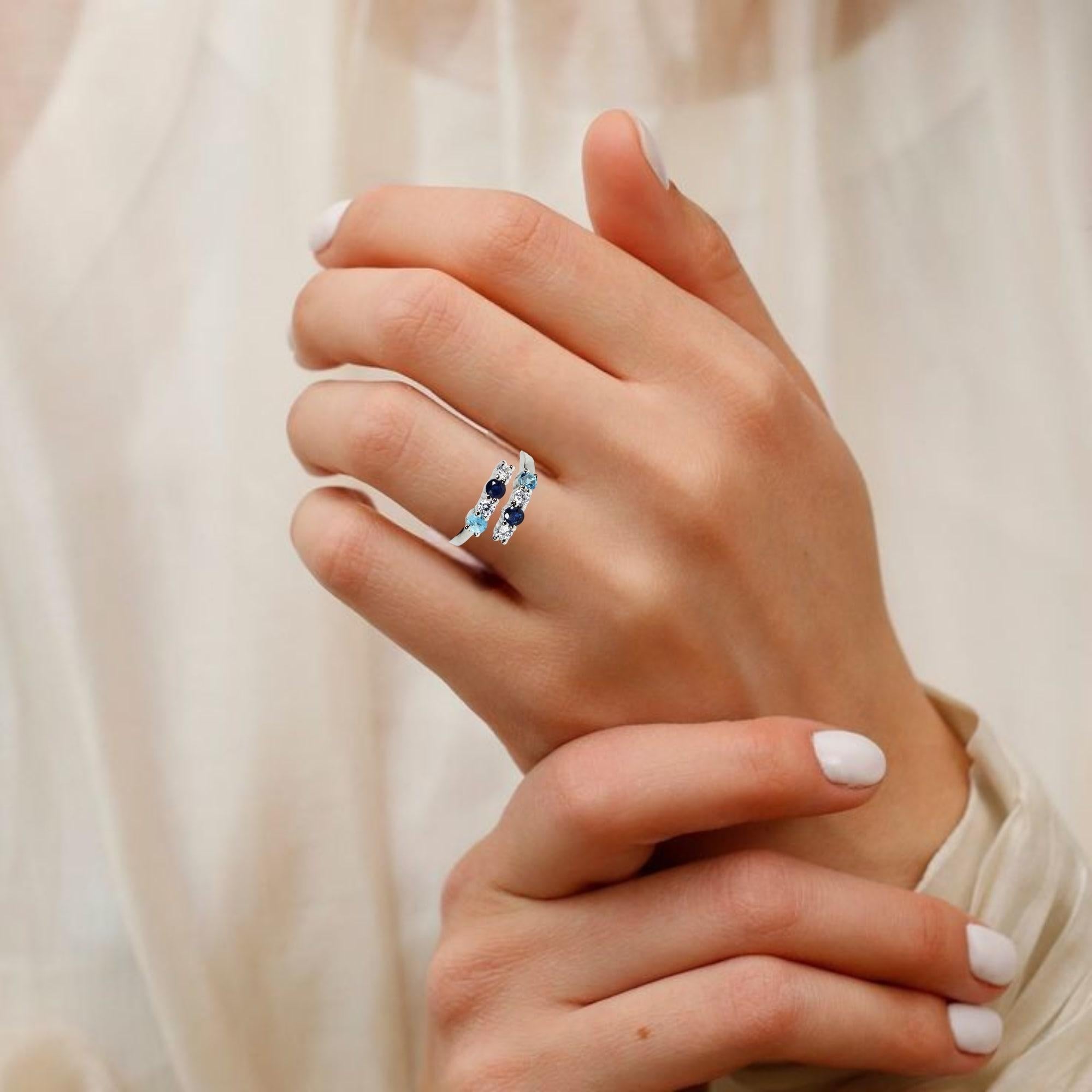 Natural Blue Topaz And Blue Sapphire Open Ring In New Condition For Sale In Vadgam, GJ