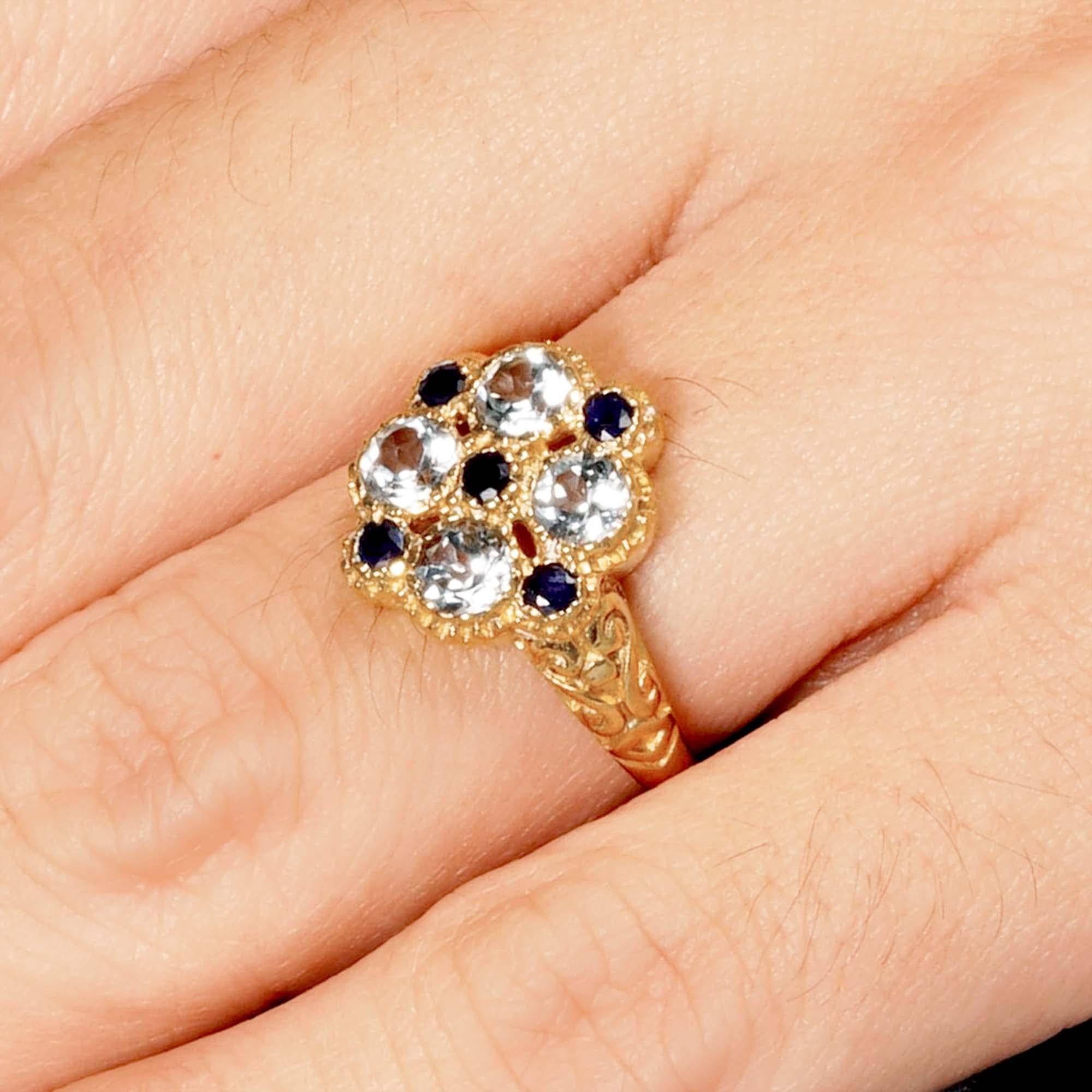 For Sale:  Natural Blue Topaz and Blue Sapphire Vintage Style Cluster Ring in Solid 9K Gold 11