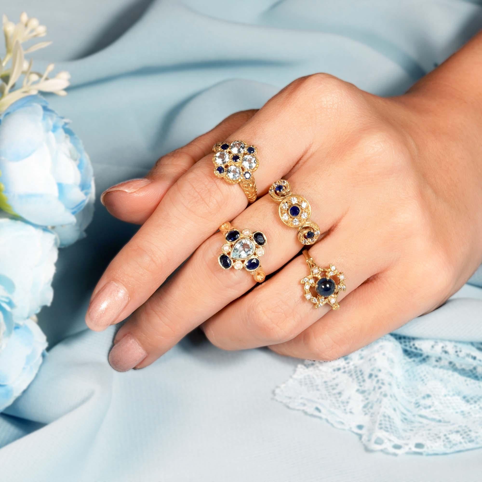 For Sale:  Natural Blue Topaz and Blue Sapphire Vintage Style Cluster Ring in Solid 9K Gold 12