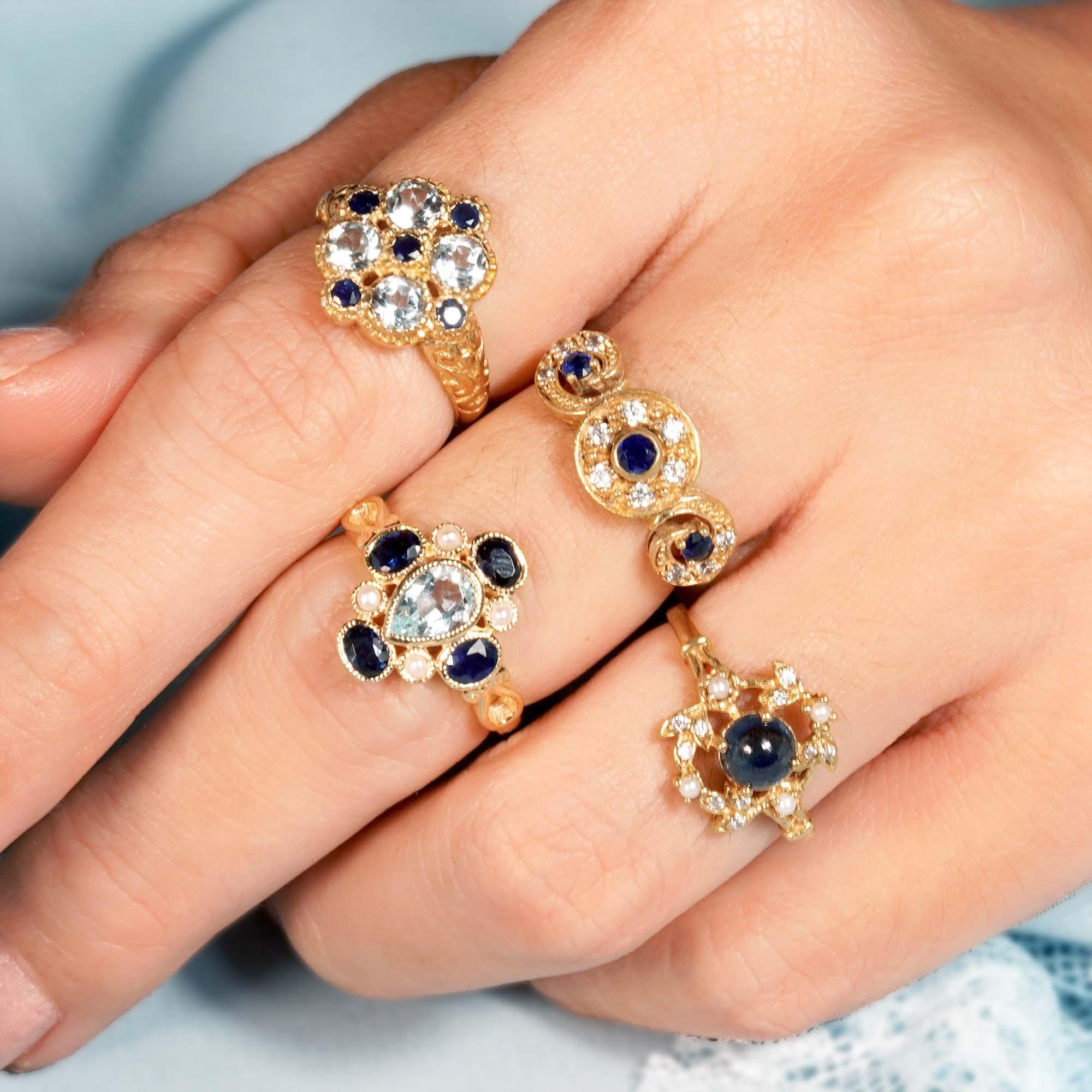 Natural Blue Topaz and Blue Sapphire Vintage Style Cluster Ring in Solid 9K Gold 13