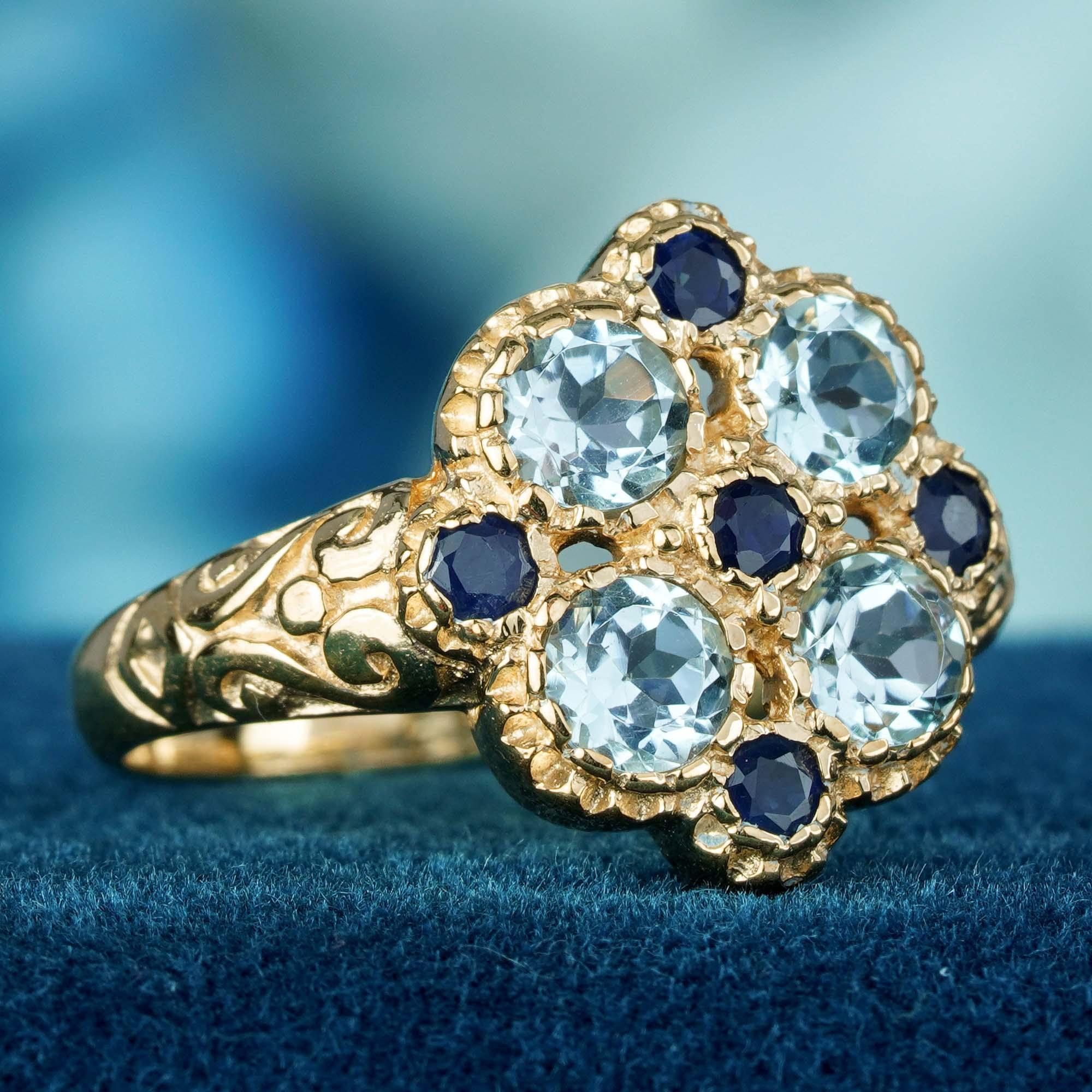 For Sale:  Natural Blue Topaz and Blue Sapphire Vintage Style Cluster Ring in Solid 9K Gold 2