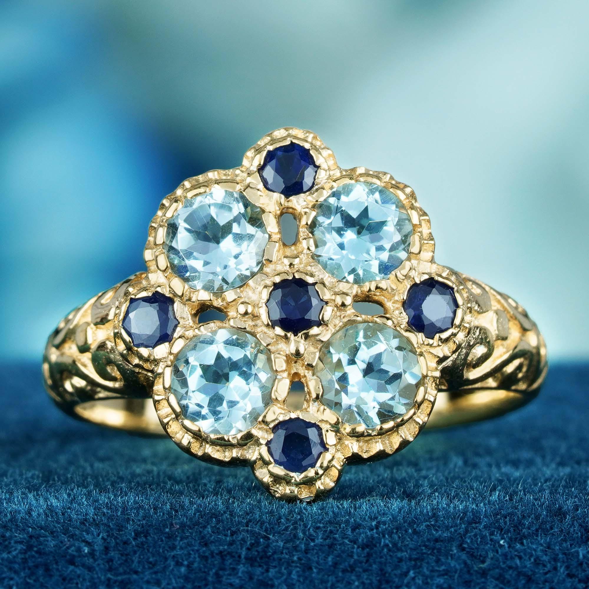 Im Angebot: Vintage-Cluster-Ring aus massivem 9K Gold mit natürlichem blauem Topas und blauem Saphir im Vintage-Stil () 3