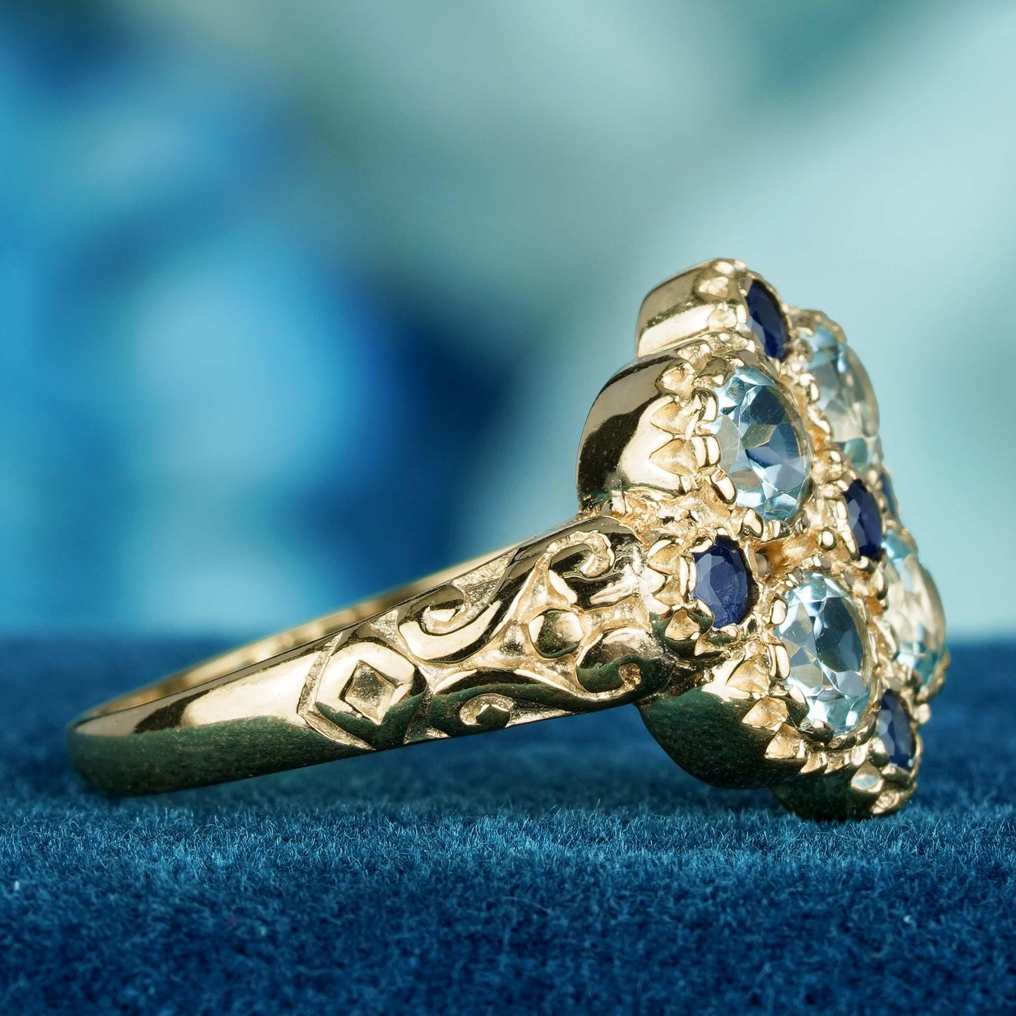 Im Angebot: Vintage-Cluster-Ring aus massivem 9K Gold mit natürlichem blauem Topas und blauem Saphir im Vintage-Stil () 4