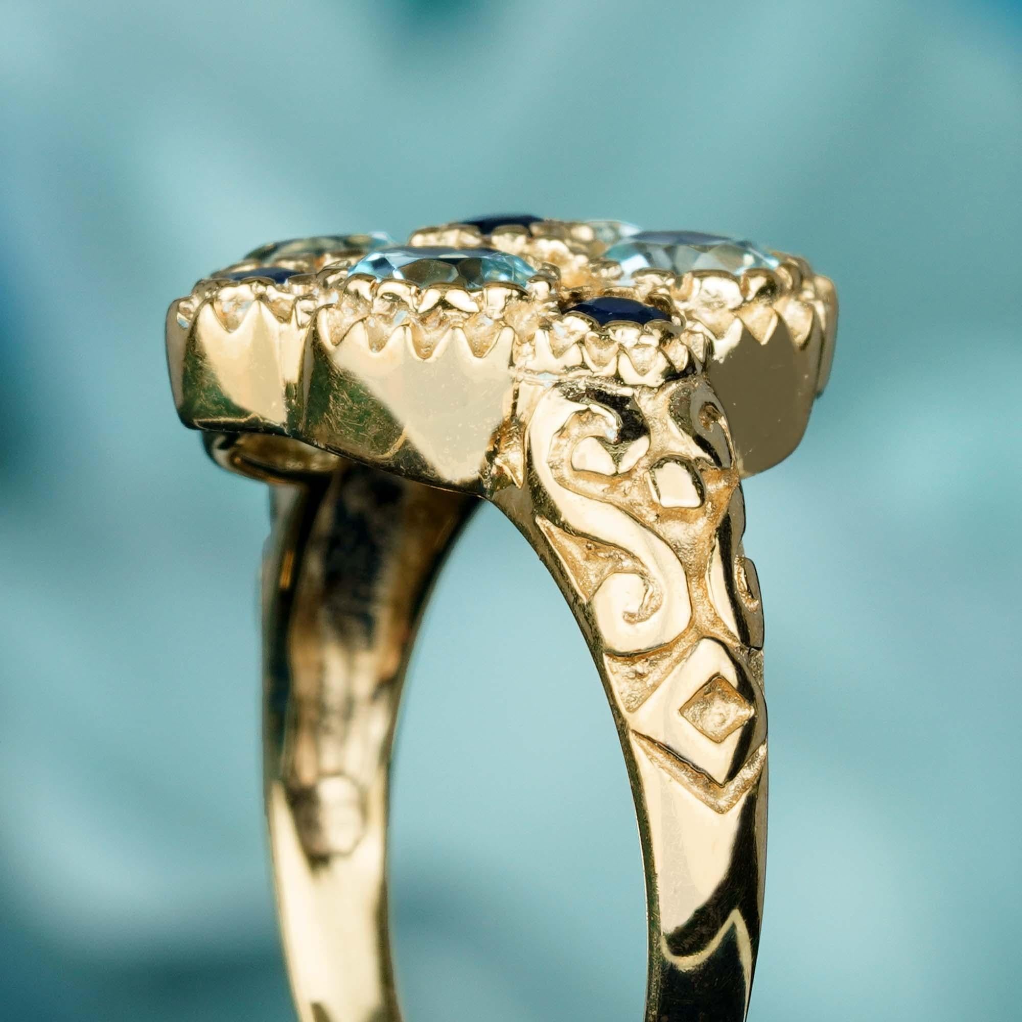 Im Angebot: Vintage-Cluster-Ring aus massivem 9K Gold mit natürlichem blauem Topas und blauem Saphir im Vintage-Stil () 6