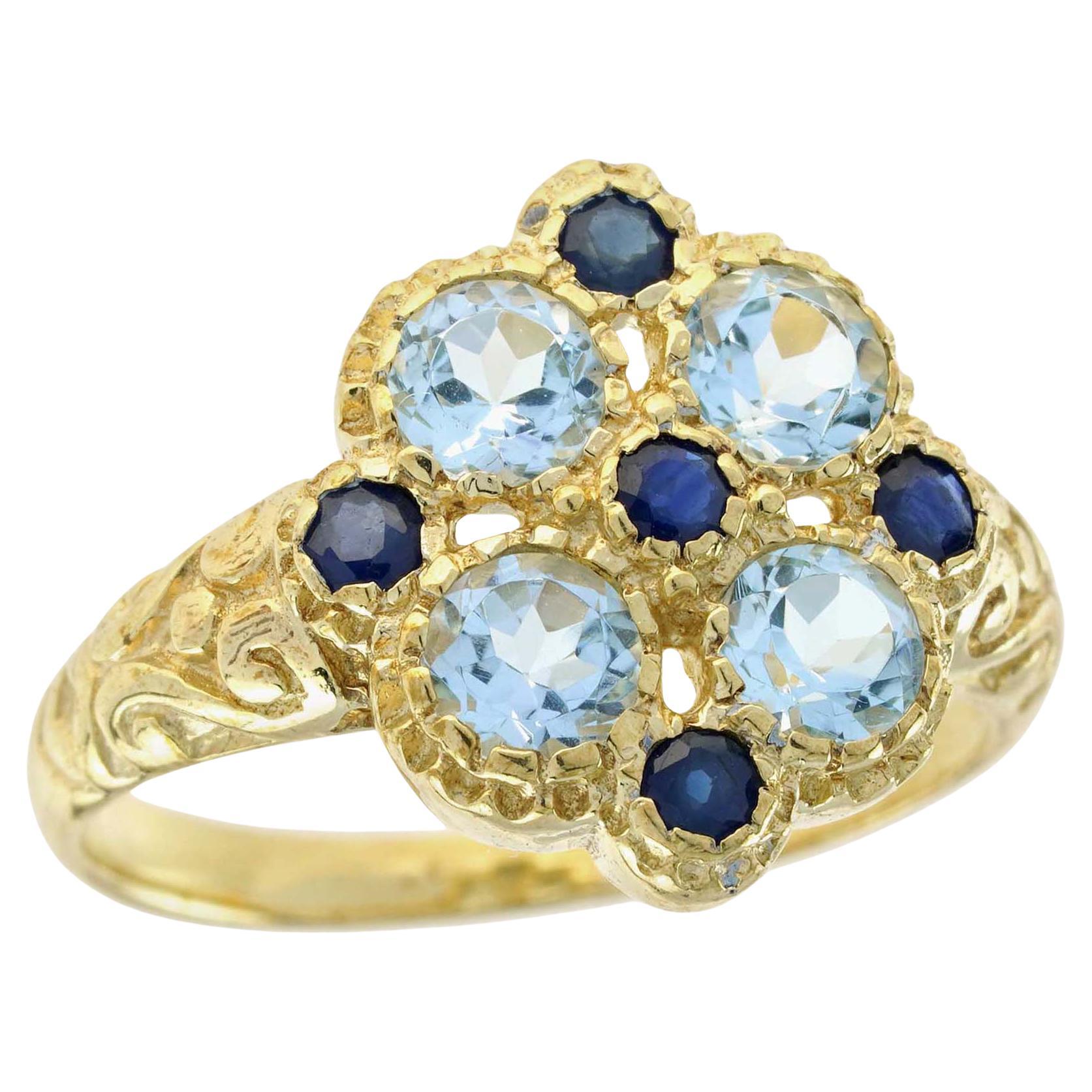 For Sale:  Natural Blue Topaz and Blue Sapphire Vintage Style Cluster Ring in Solid 9K Gold