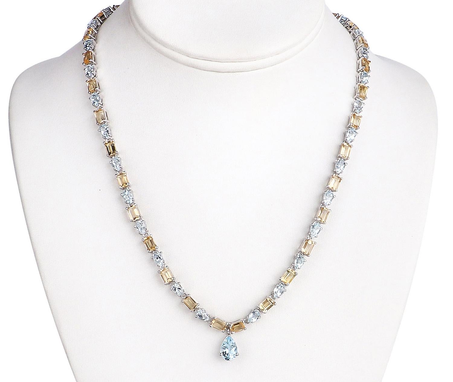 Contemporary Natural Blue Topaz and Citrine Eternity Necklace 37 Carats Sterling Silver For Sale